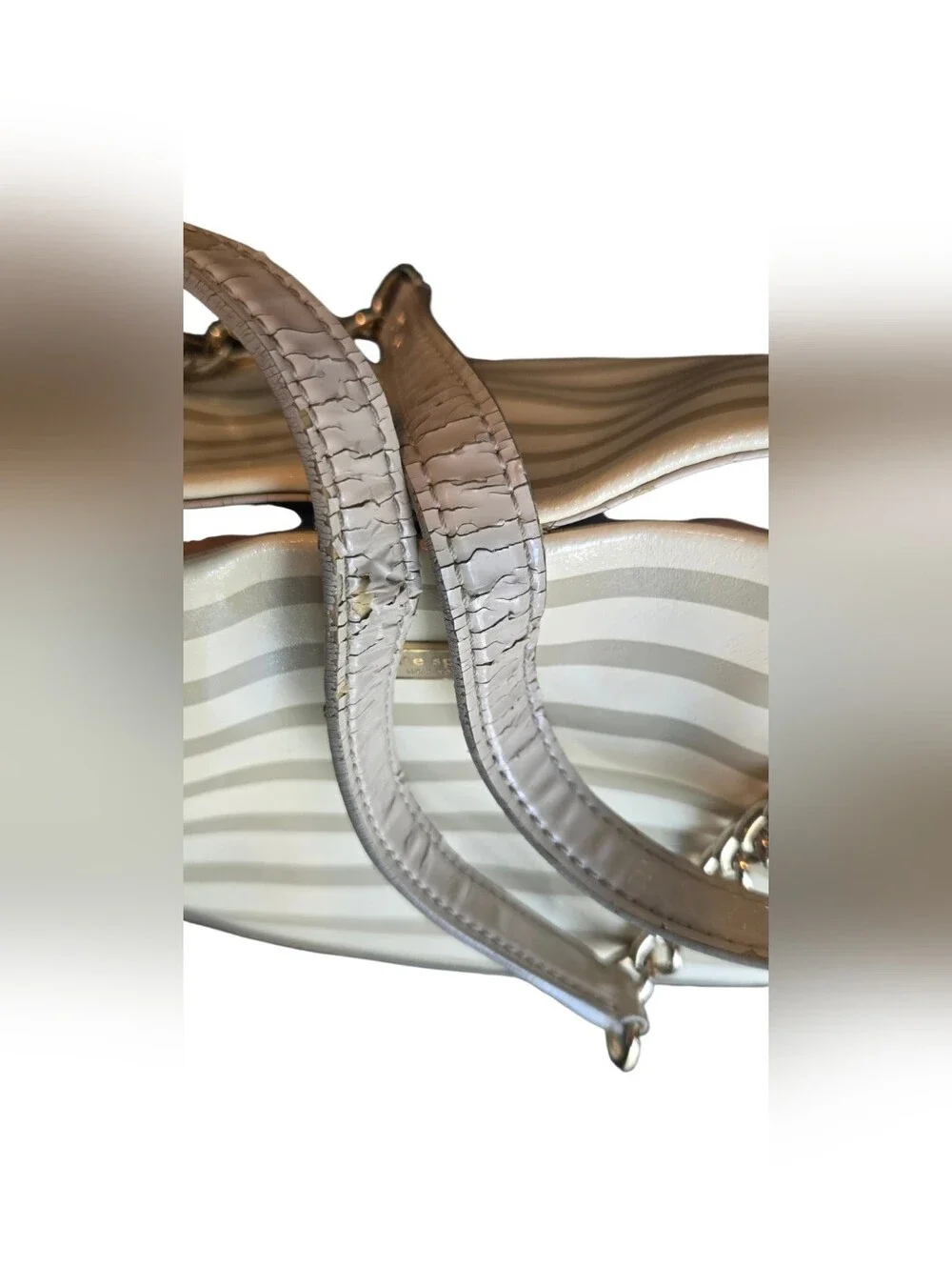 ​Kate Spade Striped Patent Leather Tote Chain Shoulder Bag Cream Beige